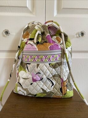 Vera Bradley Quilted Floral Drawstring Backpack - Green, Pink, Tan